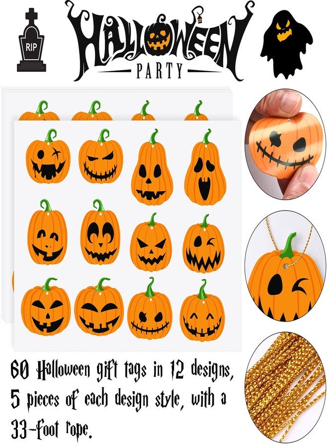 JULBEAR 60Pcs 12 Styles Halloween Pumpkin Cutouts Gift Tags Paper Wrapping Hanging Treat Ornaments Labels with String for Halloween Candy Bags Classroom Bulletin Board Decorations (Style A) - Image 3